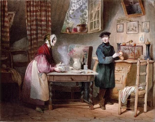Wirtschaft. Junges Paar in einem Haus: Die Frau stellt einen Schluck auf den Tisch und der Mann steckt eine Münze in eine Sparbüchse. Farbgravur von Jules David (19. Jahrhundert) Paris, Musée Carnavalet