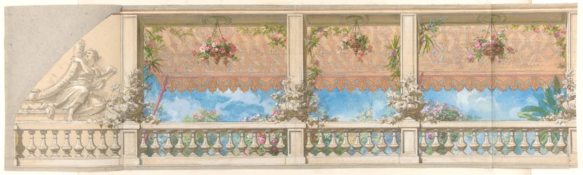 Eine von einem Vordach überspannte Balustrade im Freien im maurischen Stil, 1830-97. Schöpfer: Jules-Edmond-Charles Lachaise, Eugène-Pierre Gourdet.