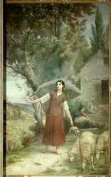 Jeanne d’Arc (1412-1431) hütet im Alter von 13 Jahren die Schafe ihres Vaters in Domrémy, ihrer Heimatstadt in Lothringen. Gemälde von Jules Lenepveu (1819-1898), 19. Jahrhundert, Paris, Panthéon