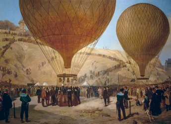 Leon Gambetta verlässt den Heißluftballon Armand-Barbes während der Belagerung von Paris, vom Place Saint-Pierre nach Montmartre am 7. Oktober