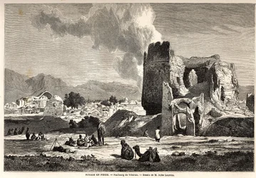 Die Vororte von Teheran (heutiges Iran). Zeichnung von Jules Laurens (1825-1901), zur Illustration von Arthur Gobineaus Reise nach Persien von 1855 bis 1858. Gravur in „Le tour du monde, nouveau journal des voyages“ Paris