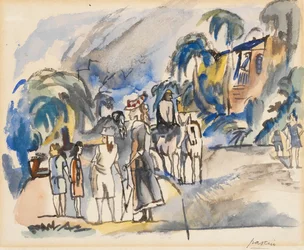 Südliche Landschaft mit Figuren und Pferden