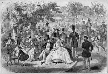 Pariser Lebensszene, ein Nachmittag im Bois de Boulogne im 19. Jahrhundert. Gravur nach einer Zeichnung von Pelcoq. In „L