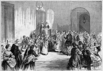 Die Kaiserin Eugenie de Montijo (1826-1920), Ehefrau von Napoleon III, beim Kinderessen im Speisesaal des Krankenhauses Eugene Napoleon nahe der Barriere du Trone in Paris. Nach einer Zeichnung von Jules Pelcoq. Gravur in „Das Illustrierte Universum“