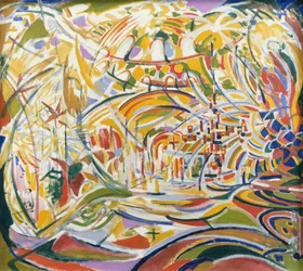 Goldene Fahnen und Sonnenschirme auf dem Markusplatz