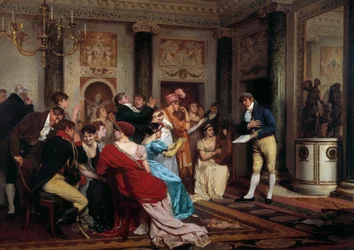 Romantik ist in Mode. Lesung eines Theaterstücks in einem Pariser Salon. (Literarischer Salon) (1832-1914), 19. Jahrhundert, Paris, Palais du Luxembourg
