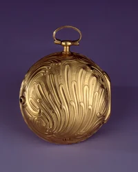 Goldene Uhr in Muschelrocaille (Gold, Messing und Emaille) von Julien Le Roy (1686-1759)