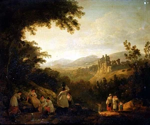 Bewaldete Landschaft mit Wäscherinnen an einem Brunnen