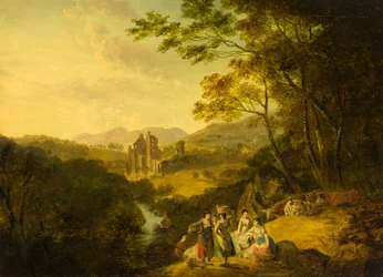 Rosslyn Castle mit Waschfrauen und Vieh, ca. 1800