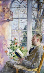 "Auf der Veranda" Ein Mann liest ein Buch, ein Vogelkäfig ist aufgehängt. Gemälde von Julius Gari Melchers