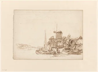 Städtchen mit Windmühle an einem Kanal