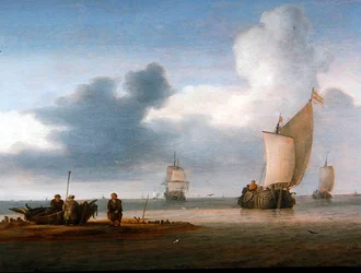 Strandszene mit Segelbooten und Fischern