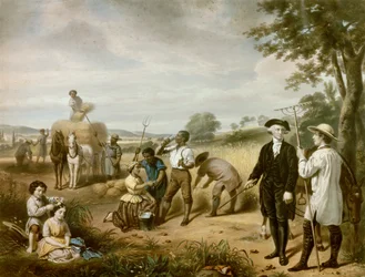 Washington der Bauer: George Washington (1732-1799) auf den Feldern von Mont Vernon, seiner Plantage im Earl of Fairfax, Virginia. In der unteren linken Ecke sind seine beiden Stiefkinder, John und Martha Parke Custis, dargestellt. Lithografie