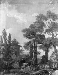 Wandbehang mit arkadischer Landschaft, zum Saal der Herengracht 40 gehörend