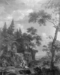 Wandbehang mit arkadischer Landschaft, zum Saal der Herengracht 40 gehörend