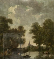 Tapete mit einer niederländischen Landschaft mit einem Fluss