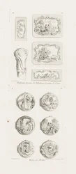 Verschiedene Entwürfe für Schnupftabakdosen und einen Stockgriff, 5. Tafel, Tafel 53 in Oeuvre de Juste-Aurèle Meissonnier