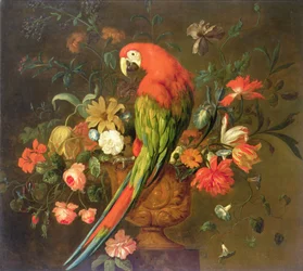 Scharlachara auf einer skulptierten Urne mit Blumen