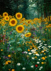 Goldene Sonnenblumen am Waldrand