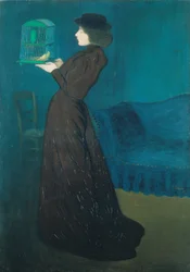 Frau mit Vogelkäfig