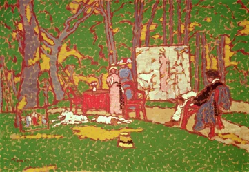 Lazarine und Anella im Park malen. Es ist heiß