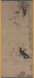 Mönch, der Kleidung in der Morgensonne flickt, ca. 1350 oder früher