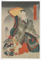 Erinnerungen an die östliche Hauptstadt an den dreiundfünfzig Stationen des Tokaido: Der Schauspieler Onoe Baiko III als Katzenspiritus des alten Tempels