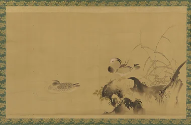 Mandarinenten in einer Landschaft, Edo-Periode, Mitte 17. bis Anfang 18. Jahrhundert