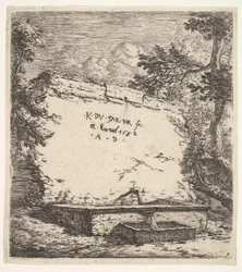 Frontispiz mit gestufter Fontäne, eine Steinmauer mit Wasserspeier, der Wasser in ein Rec..., 1652