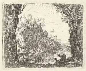 Landschaft flankiert von Bäumen im linken und rechten Vordergrund, Silhouetten von zwei Ziegen..., ca. 1641-78
