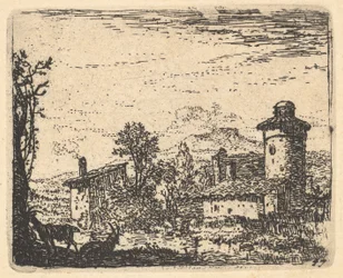 Landschaft mit zwei gehörnten Ziegen im Schatten im Vordergrund, Dorfgebäude dahinter