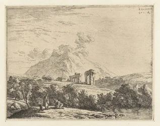 Landschaft mit Ruine und zwei Männern mit einem Hund