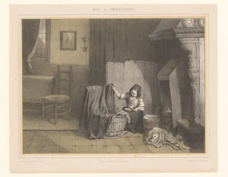 Interieur mit einem Mädchen bei der Wiege Frühe Sorgen