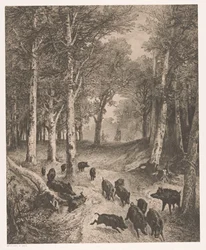 Gruppe von Wildschweinen auf der Flucht vor zwei Jägern zu Pferd