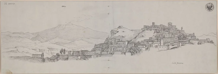 „Aussicht von der Höhe von Castro Giovanni auf den Ätna“ / Ansicht von Enna mit dem Ätna im Hintergrund