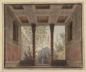 Axur, König von Ormus. Oper von Antonio Salieri. Entwurf zur 6. Dekoration. Gartenzimmer der Astasia