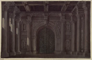 Braut von Messina. Trauerspiel von Friedrich Schiller. Entwurf zur 1. und zur letzten Dekoration. Halle mit Säulen und Portal