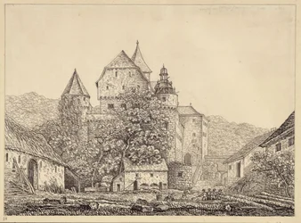 Burgartige Gebäudegruppe in Berglandschaft