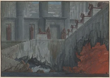 Die Zauberflöte. Oper von Wolfgang Amadeus Mozart. Entwurf zur 11. Dekoration. Feuer- und Wassertempel