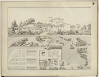 Potsdam-Sanssouci. Römische Bäder bei Schloss Charlottenhof. Ansicht von Westen und Grundriss des Gärtnerhauses