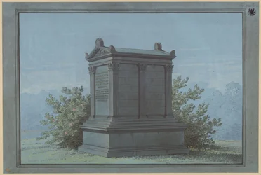 Sarkophag in Tempelform / Belchau (Białochowo), ehemals Kreis Graudenz (Powiat Grudziądzki), Regierungsbezirk Marienwerder (Województwo Kujawsko-Pomorskie). Entwurf zum Grabdenkmal Klinggräf in Form eines kleinen Tempels mit korinthischen Pilastern