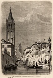 Der Rezonico-Kanal, Zeichnung von Karl Girardet (1813-1871), zur Illustration der Reise von Adalbert de Beaumont nach Venedig, um 1850. Gravur in „Le tour du monde“, herausgegeben von Edouard Charton.