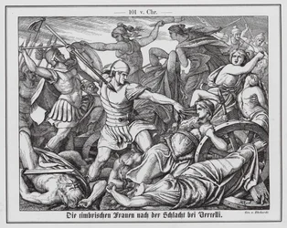 Kimbrierinnen kämpfen gegen römische Soldaten in der Schlacht von Vercellae