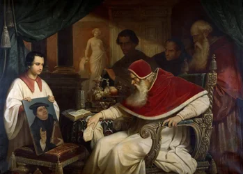 Papst Paul III. 1468-1549 betrachtet Cranachs Porträt von Luther, 1838-1839