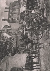 Ostpreußische Flüchtlinge kehren nach Hause zurück, Rast auf dem Marktplatz in Tapiau, Illustration aus Hindenburg
