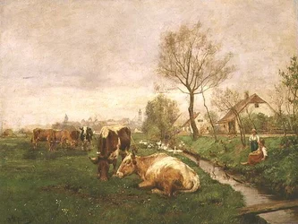 Landschaft mit Kühen und einem Bach