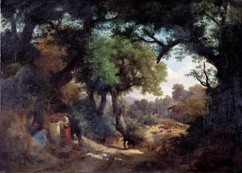 Darstellung des Malers Andrea del Castagno (1419-1457) mit einem Hirten in einer Landschaft