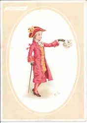 Viktorianische Grußkarte von Kindern am Esstisch, während ein als Koch verkleidetes Kind das Tranchiermesser schärft, ca. 1880