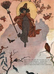 Eine Hexe und ihr Besen, umgeben von schwarzen Katzen, Fledermaus und Eule. Illustration von Kate Greenaway (1846-1901) aus dem Kinderbuch „Under The Window“