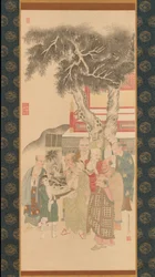 Zehn Rakan, die ein Gemälde von Weißgekleideter Kannon betrachten